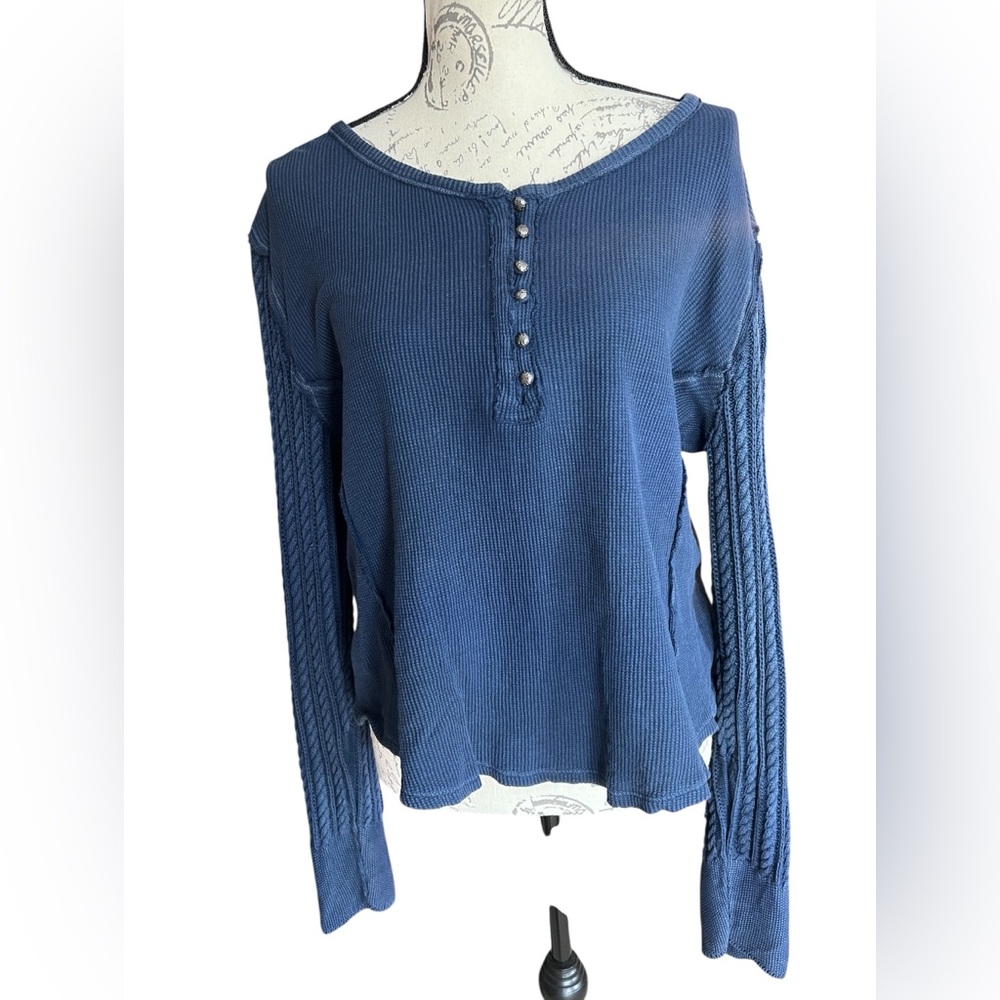 Lucky Brand Blue Ribbed Henley Thermal Pullover large